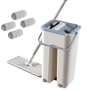 Zestaw mopa z wiaderkiem i czterema wymiennymi ścierkami w kolorze beżowym