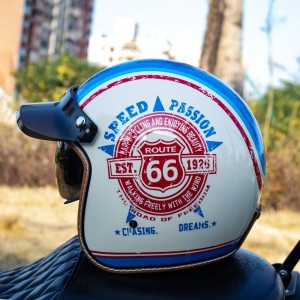 Kask Motocyklowy Otwarty MT-5 Retro z Blendą Route 66 Niebieski Certyfikat CCC