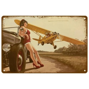 Metalowy Szyld Retro Pin-up Girl – Tabliczka Dekoracyjna Vintage Samolot i Auto 20x30 cm