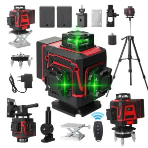 Profesjonalna Poziomica Laserowa 4D 16 Linii 360° – Zielona Wiązka, Samopoziomująca + Statyw 1m, 2x Akumulator, Pilot i Zestaw Akcesoriów XXL 
