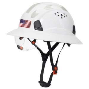 Kask Ochronny Budowlany BHP z Pełnym Rondem, Wizjerem i Naklejkami Odblaskowymi CE ANSI 
